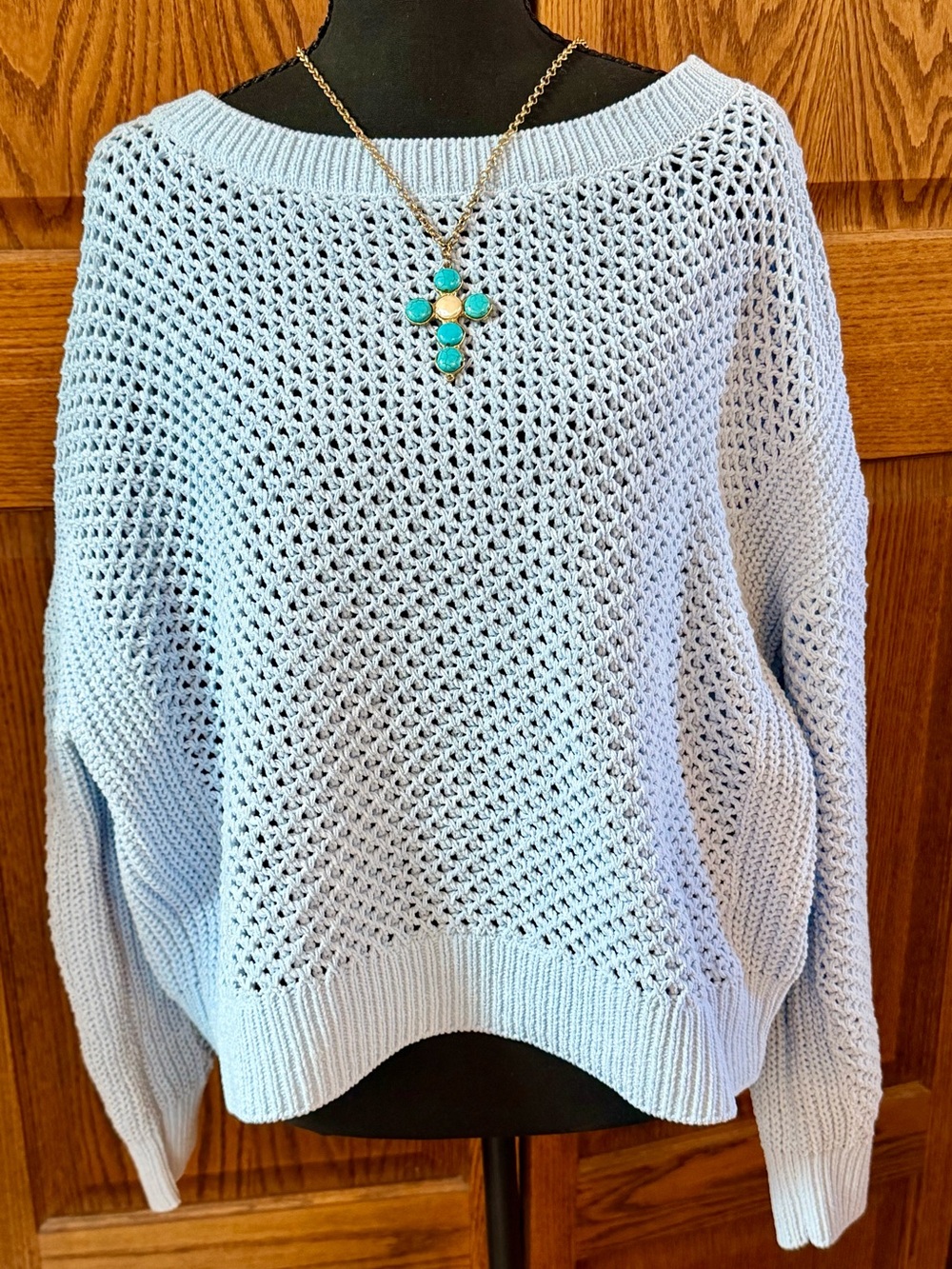 Pink Rose Pale Blue Open-Knit Crewneck Sweater